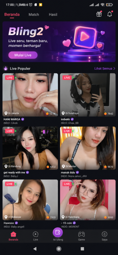 Tangkapan layar beranda aplikasi Bling2 Live yang menampilkan banner Mulai Live dan daftar Live Populer dari beberapa kota di Indonesia.