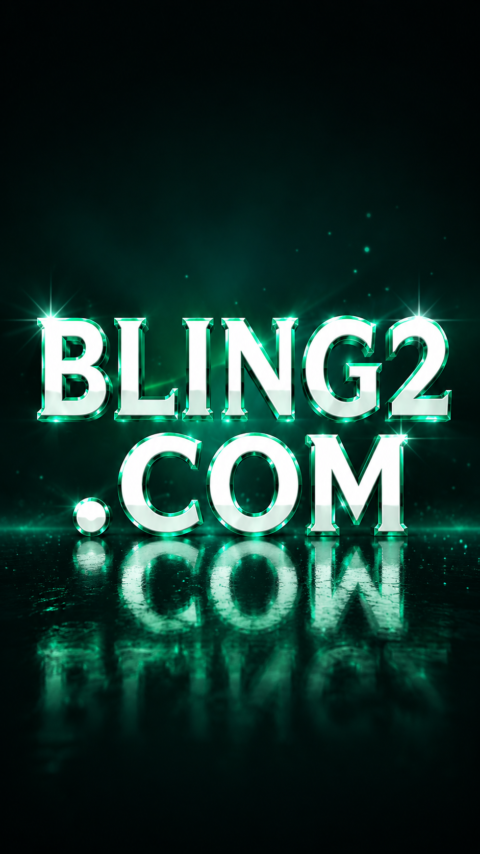 Tulisan tiga dimensi BLING2.COM berwarna putih dan hijau pada latar gelap dengan pantulan cahaya.